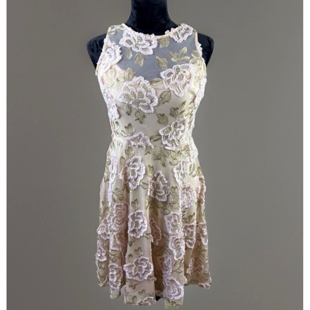 Taylor Floral Embroidered Mesh Fit Flare Dress Pink Gold Sleeveless Size 4